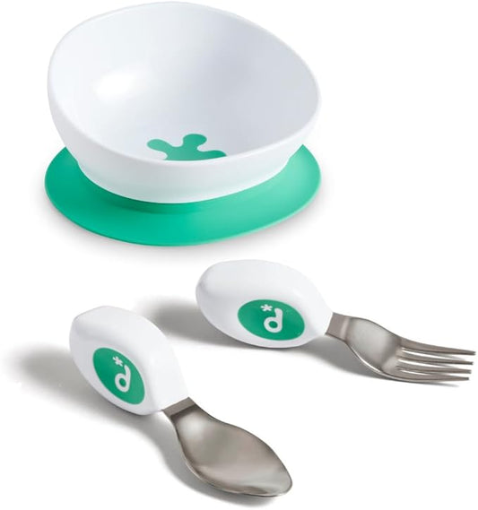 doddl Toddler Utensils, Ergonomic Fork and Spoon Set for Self Feeding, Stainless Steel Silverware for 1-3 Year Olds, BPA Free, Dishwasher Safe (Aqua + Bowl)