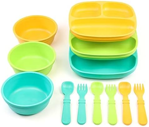 Re-Play 3 Divided Toddler Plates, 3 Utensils Set and 3 Wide Base Bowls - Dishwasher and Microwave Safe - Made in USA - Aqua Asst
