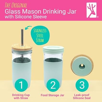 Elk and Friends 24oz Glass Mason Jar – Pack of 4 | Bamboo Straw Lids + Stainless Steel Straws | Smoothie + Iced Coffee + Bubble Tea Cups | Glass Cups with Lids and Straws | Dishwasher Safe