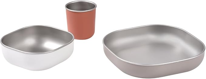 BEABA Stainless Steel Meal Set | Microwave and Oven Safe | Baby Plates Baby Bowls and Cup with Anti-Slip Silicone Cover | Kids Plates Non Toxic, Terracotta