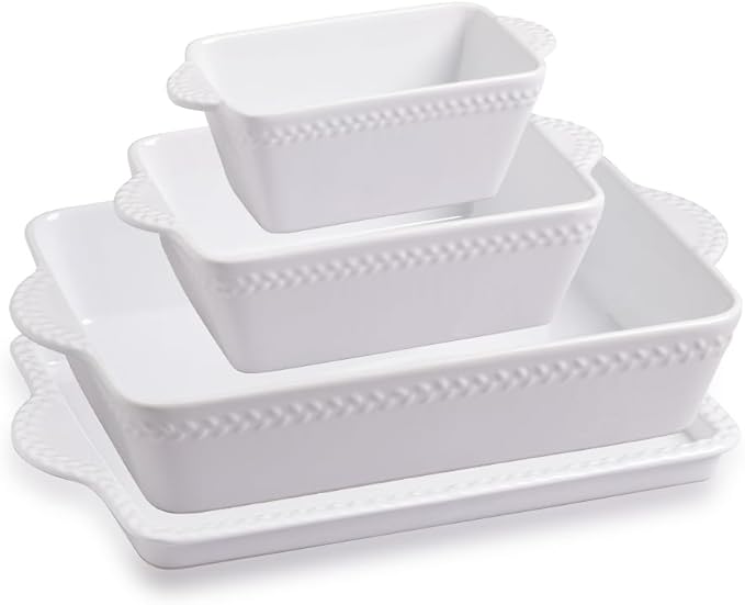 Sweejar Ceramic Baking Dish Lasagna Pans with Trivet, Rectangular Bakeware for Cooking, Kitchen, Cake Dinner, Banquet, 15.3x 9.6 x 2.8 Inches of Casserole Dishes（White）