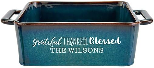 Let's Make Memories Personalized Grateful, Thankful, Blessed Stoneware - Teal Square Baker