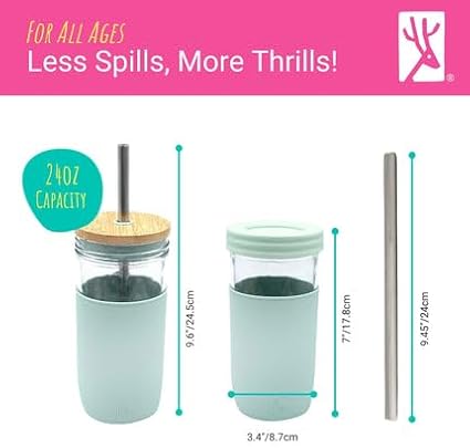 Elk and Friends 24oz Glass Mason Jar – Pack of 4 | Bamboo Straw Lids + Stainless Steel Straws | Smoothie + Iced Coffee + Bubble Tea Cups | Glass Cups with Lids and Straws | Dishwasher Safe