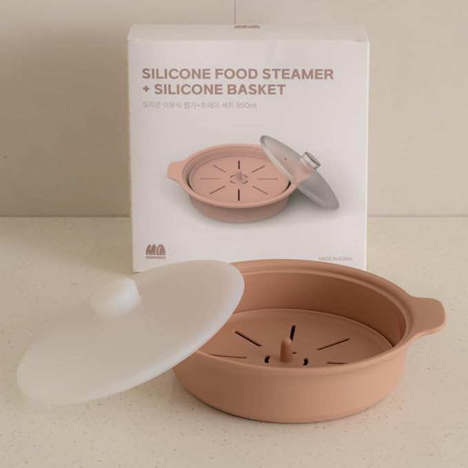 Microwave Silicone Steamer for Baby Food, Made In Korea, Oven & Dishwasher Safe to 482°F, Easy Clean, Microwave Pot with Handle & Lid, 100% Food Grade Steamer Bowl (Terracotta Rose, 29oz (850ml) with basket)