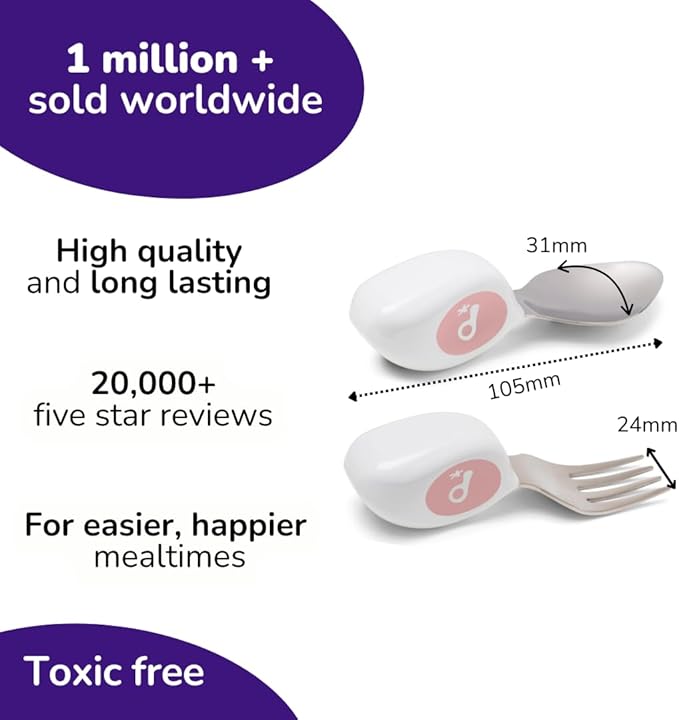 doddl Toddler Utensils, Ergonomic Fork and Spoon Set for Self Feeding, Stainless Steel Silverware for 1-3 Year Olds, BPA Free, Dishwasher Safe (Dusky Rose (Twin Pack))