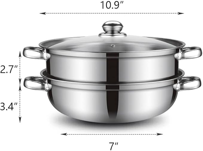 Steamer Pot for Cooking 11 inch Steamer Pot, 2-tier Multipurpose 18/8 Stainless Steel Steam Pot Cookware with Lid for Vegetable, Dumpling, Stock, Sauce, Food