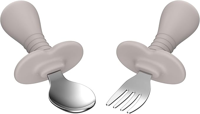 2 Pieces Toddler Utensils Forks and spoons set, Stainless Steel Childrens Silverware for Safe flatware Metal Kids Cutlery set with Round Handle, BPA Free, Anti-Choke Design (Grey)