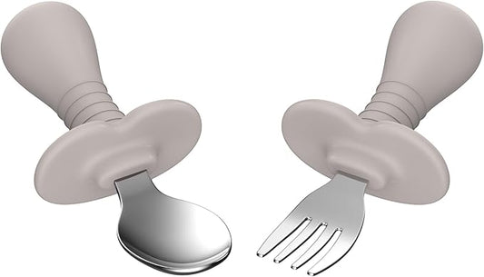 2 Pieces Toddler Utensils Forks and spoons set, Stainless Steel Childrens Silverware for Safe flatware Metal Kids Cutlery set with Round Handle, BPA Free, Anti-Choke Design (Grey)