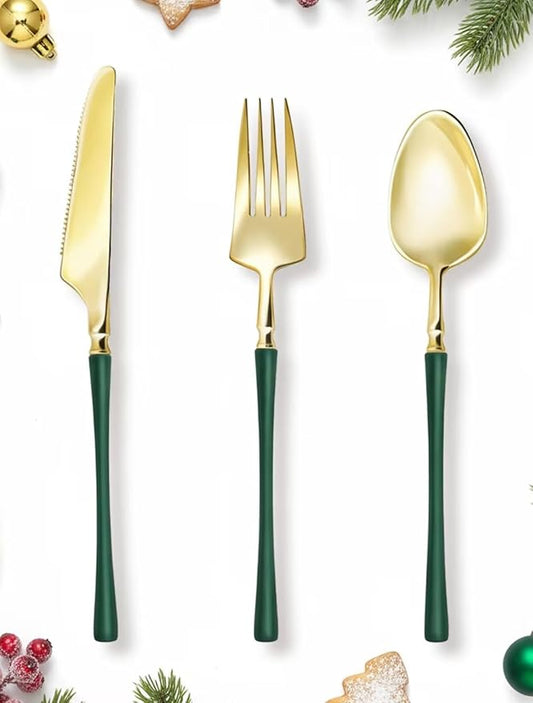 Lullaby 150pcs Gold Plastic Silverware, High End Disposable Cutlery with Dark Green Handle Include 50 Forks, 50 Spoons, 50 Knives, Elegant Silverware for Wedding, Party, Gathering and Daily Use