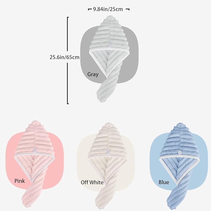 Microfiber Hair Towel Wrap, 3Pack Thickened Drying Hair Wraps Towels with Button. Super Absorbent Drying Hair Towel Wrap for Curly Hair, Anti Frizz Towel for Women. (Blue+Off White+Pink)