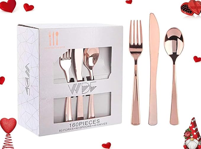 WDF160 Piece Rose Gold Disposable Cutlery Set - Heavyweight Plastic Silverware - Includes 80 Forks, 40 Spoons, 40 Knives - Rose Gold Silverware Perfect for Wedding, Party, Valentines Day
