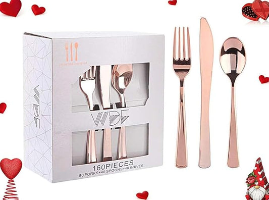WDF160 Piece Rose Gold Disposable Cutlery Set - Heavyweight Plastic Silverware - Includes 80 Forks, 40 Spoons, 40 Knives - Rose Gold Silverware Perfect for Wedding, Party, Valentines Day