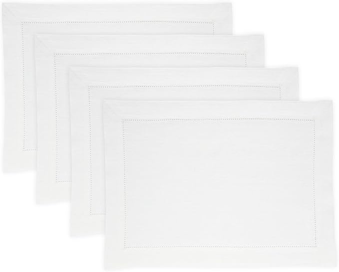 Solino Home Linen Cloth Placemats Set of 4-100% Pure Linen Medium Weight Hemstitch White Placemats 14 x 19 Inch - Handcrafted and Machine Washable Table Place Mats for Valentines