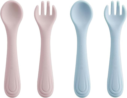 Bc Babycare Portable 4 Pack Baby & Toddler Self Feeding Fork and Spoon Set with Storage Case, BPA-Free Silicone Utensils for Boys and Girls, Safe & Easy to Carry, Blue & Pink