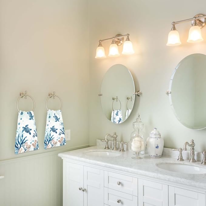 Sea Turtle Hand Towels Bundle 4 Packs Ocean Beach Hand Towels Decorative Coastal Hanging Kitchen Towels for Home Bathroom Spa Dish Washcloth Soft Tropical Coastal Fingertip Towels