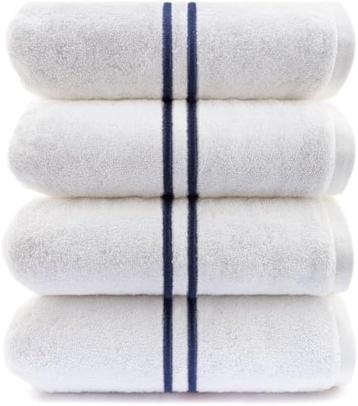 Maisonette Loft Baratta Egyptian Cotton Turkish Bath Towels, Soft & Absorbent, Ideal Quick Dry Large Bathroom Towel Set for Shower (30" x 58", 4 Pack) - White, Navy Striped