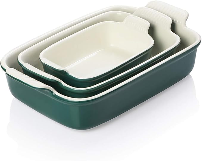 Sweejar Baking Pans Set, Ceramic 9x13 Baking Dish with Handle, Rectangular Casserole Dishes for Oven, Bakeware Sets of 3, Durable Lasagna Pan Deep for Kitchen, Banquet, Wedding Gift(Jade)