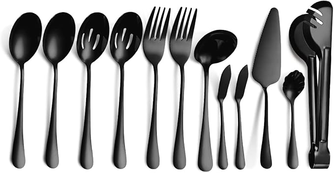 12 Pieces Black Serving Utensils, Stainless Steel Fine Vintage Serving Utensils with Serving Spoons Kitchen Mixing for Cake Server,Soup Ladle,Butter,Stirring,Tongs Ect Decorate Wedding