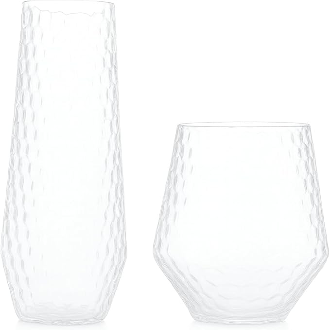 48 Pack Ribbed Origami Ripple Plastic Glasses 24 9oz Stemless Champagne Flutes & 24 12oz Cups BPA-Free, Disposable, Shatterproof Drinkware for Weddings, Bars, Events (Hammered Diamond Clear)