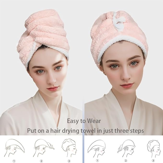 Microfiber Hair Towel Wrap, 2Pack Thickened Drying Hair Wraps Towels with Button. Super Absorbent Drying Hair Towel Wrap for Curly Hair, Anti Frizz Towel for Women. (Off White+Gray)