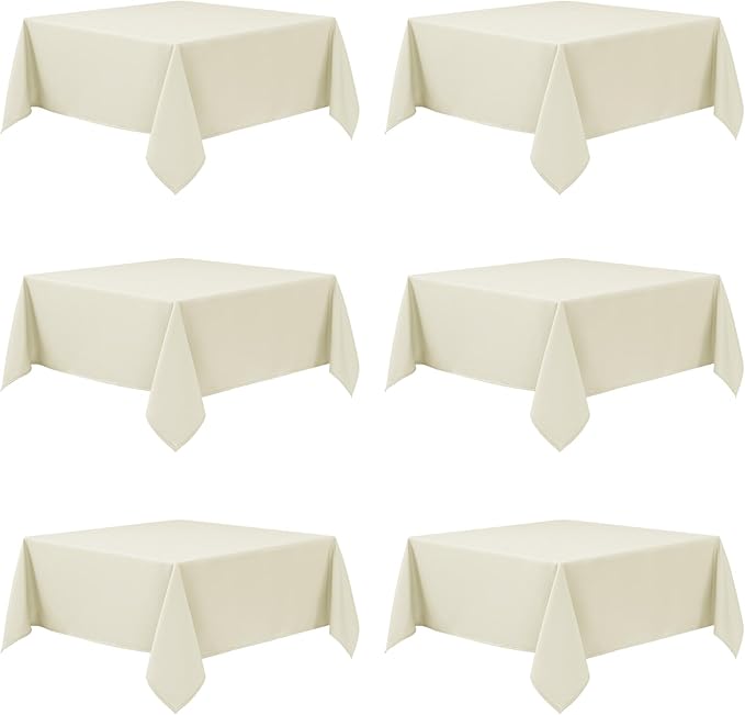 6-Pack Ivory Tablecloths for Square Tables, 70 x 70 Inches, Stain-Resistant Polyester Fabric for 3 Foot Tables - Washable Table Covers for Weddings, Banquets, Birthday Parties, Events