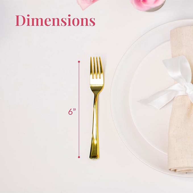 Prestee 300 Count Gold Plastic Silverware Set - Heavy Duty Disposable Cutlery with 100 Forks, 100 Spoons, and 100 Knives - Elegant Gold Plastic Forks and Spoons for Weddings, Holidays, and Parties