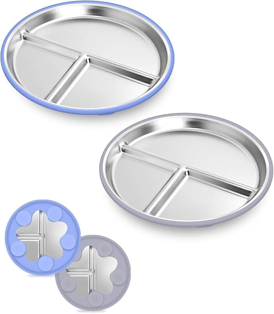 Stainless Steel Baby Plates With Suction,9” Divided Plate Silicone Sleeve For Kids ,Metal Toddler Plates BPA Free Stainless Steel Toddler Plate Unbreakable Dishwasher Safe Set Of 2 Blue and Gray