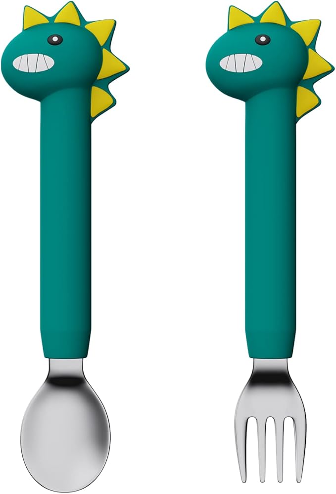 Baby Forks and Spoons Set Baby Training Utensils Self Feeding Toddler Silverware Silicone and Stainless Steel Kids and Toddler Utensil (Green Dinosaur - Long)