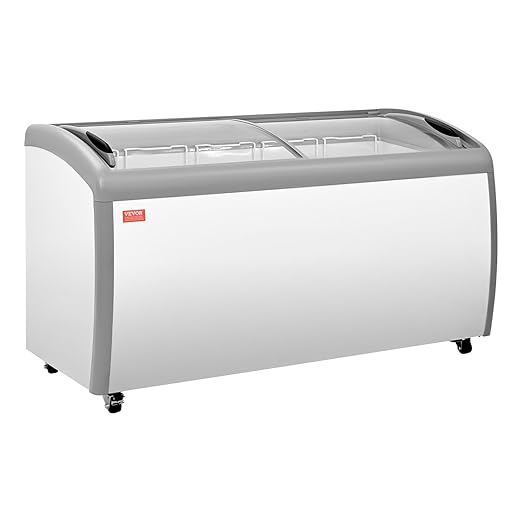 VEVOR Commercial Ice Cream Display Case, 16.3 Cu.ft Chest Freezer, -19 to 3℉ Temp Adjustable Mobile Top Deep Freezer with 5 Wire Baskets, 2 Sliding Glass Doors, Locking Casters & LED Strip Lighting