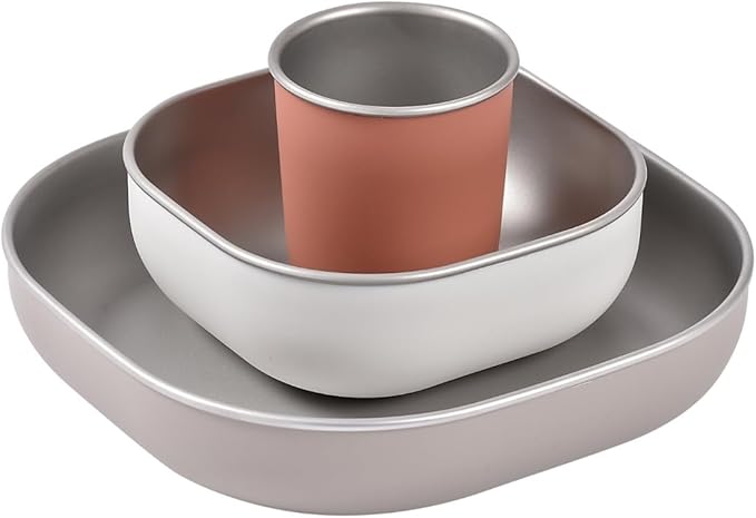 BEABA Stainless Steel Meal Set | Microwave and Oven Safe | Baby Plates Baby Bowls and Cup with Anti-Slip Silicone Cover | Kids Plates Non Toxic, Terracotta