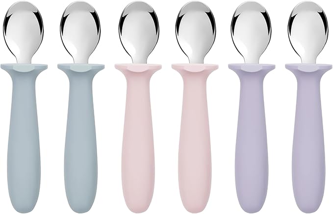 6 PCS Toddler Spoons Set - Baby Spoons with Silicone Handle Children Food Grade 18/8 Stainless Steel Toddler Utensils Set for Self Feeding Kids Silverware Set Safe Anti-Choke Design Dishwasher Safe