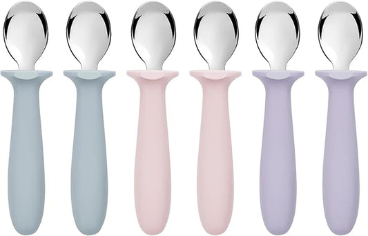 6 PCS Toddler Spoons Set - Baby Spoons with Silicone Handle Children Food Grade 18/8 Stainless Steel Toddler Utensils Set for Self Feeding Kids Silverware Set Safe Anti-Choke Design Dishwasher Safe