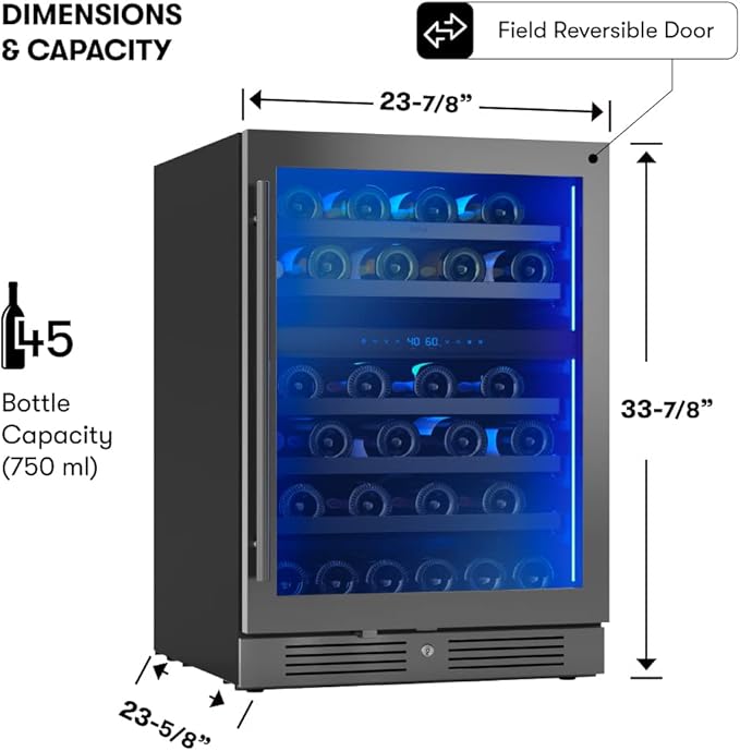 Zephyr Presrv 24" Wine Fridge Dual Zone Under Counter - Countertop Mini Wine Cooler Cellars Small Cabinet Wine Refrigerator Home Bar Chiller Freestanding with Glass Door Black, 45 Bottles 750ml