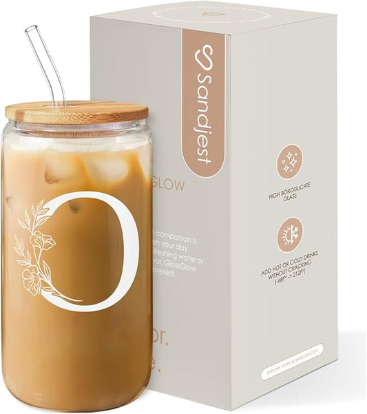 SANDJEST Monogrammed Gifts for Women - Monogram O Initial Glass Cup 16 Oz Can Coffee Cups with Lid and Straw - Monogram Initials Gifts for Womens on Birthday