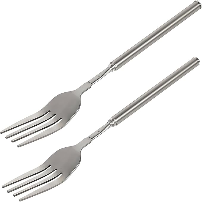 Extendable Fork,8.7 to 25.4 Inch Expandable fork prank,Expandable fork,Telescopic BBQ Fork, Stainless Steel, Extendable Handle,Long Dinner Fruit Dessert Cutlery (2 Pcs)