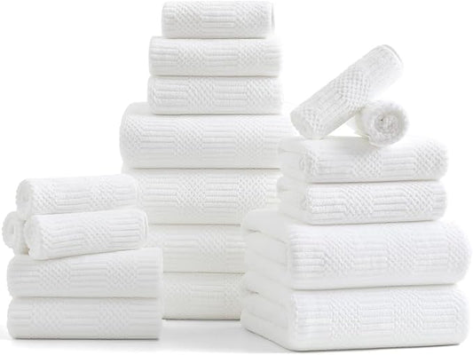 18 Pcs White Woven Family Towels Set-6 Bath Sheets,6 Hand Towels,6 Washcloths Soft Polyester Towels Absorbent Shower Towel Quick Dry Beach Chair Towel Lint Less Towels Set for Bathroom Spa Gym Hotel