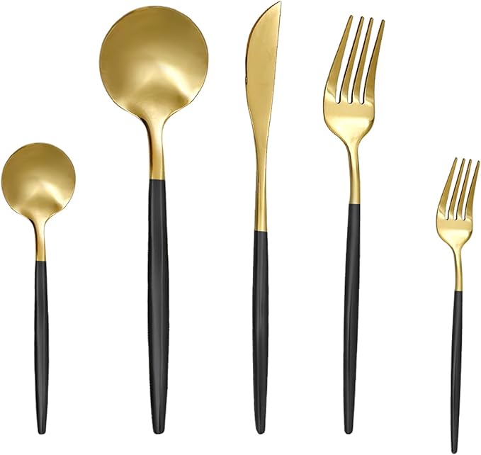 30 Piece Matte Black Gold Silverware Set, Flatware Set for 6, Forks Spoons Set, Food-Grade Stainless Steel Cutlery Set (Gold/Black)