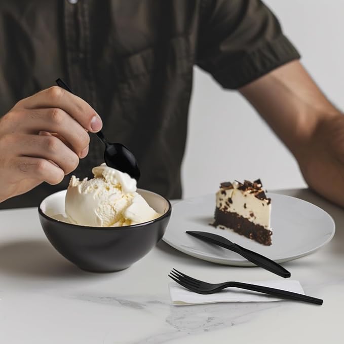 100 pack | Individually wrapped Cutlery set | BlackHeavy Duty Cutlery | Utensil set with Fork, spoon, knife, Napkin, Straw and Salt/Pepper packets (6 in 1) | Plastic Disposable Flatware Cutlery Kits