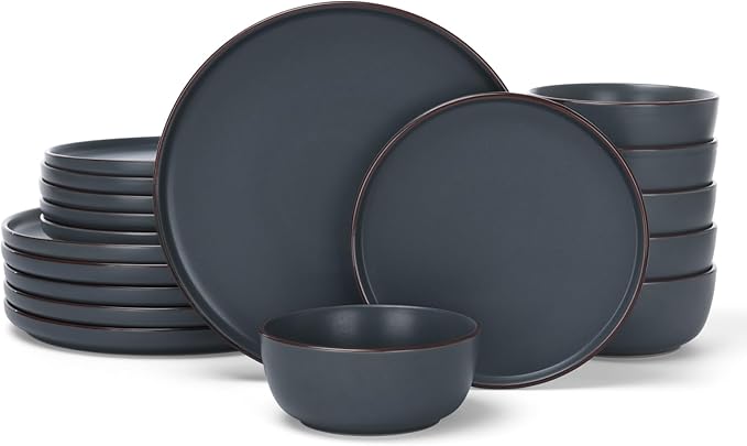Famiware Mercury Plates and Bowls Sets, 18 Pieces Stoneware Dinnerware Sets, Dishes Set for 6, Microwave and Dishwasher Safe, Charcoal