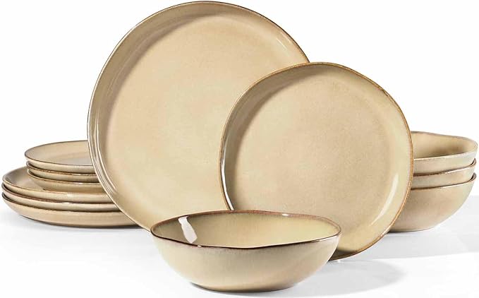 Herogo 12pcs Stoneware Dinnerware Sets for 4, Irregular Handmade Dinner Plates and Bowls, Kitchen Dining Dish Dishware Set, Microwave & Dishwasher Safe, Cream Khaki