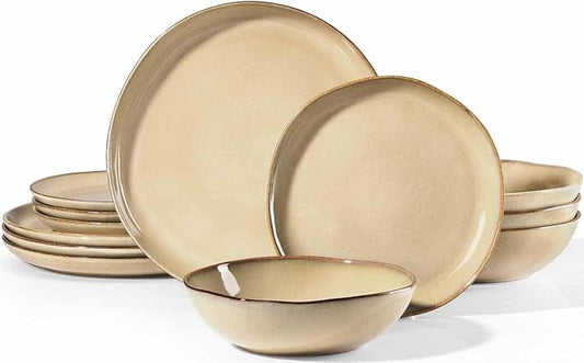 Herogo 12pcs Stoneware Dinnerware Sets for 4, Irregular Handmade Dinner Plates and Bowls, Kitchen Dining Dish Dishware Set, Microwave & Dishwasher Safe, Cream Khaki