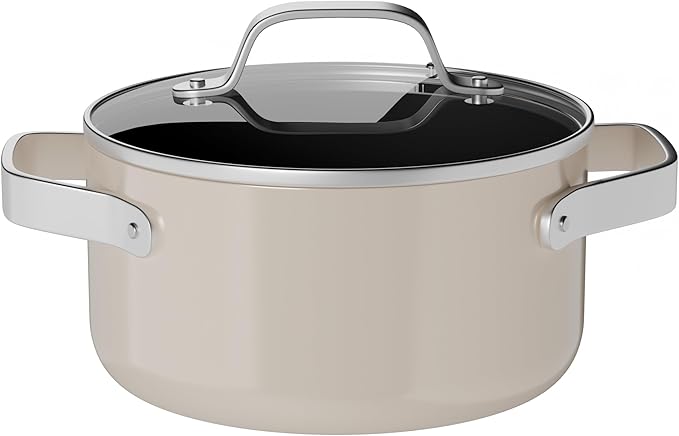 Bakken 3 Quart Ceramic Coated Stock Pot with Lid, Easy to Clean Nonstick Pot, Tempered Glass Lid, Riveted Stainless Steel Handles, Oven Safe Up To 500°F, PTFE & PFAS Free, All Stove Compatible, Cream