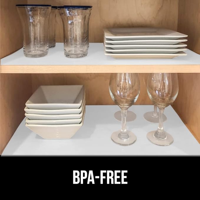 GORILLA GRIP DuraGuard Shelf Liner, Non-Adhesive Cabinet Liners for Kitchen Drawers, Shelves, Refrigerator, Pantry Storage, Bathroom Closet, Durable Waterproof BPA Free Ribbed Plastic, 12x20 White