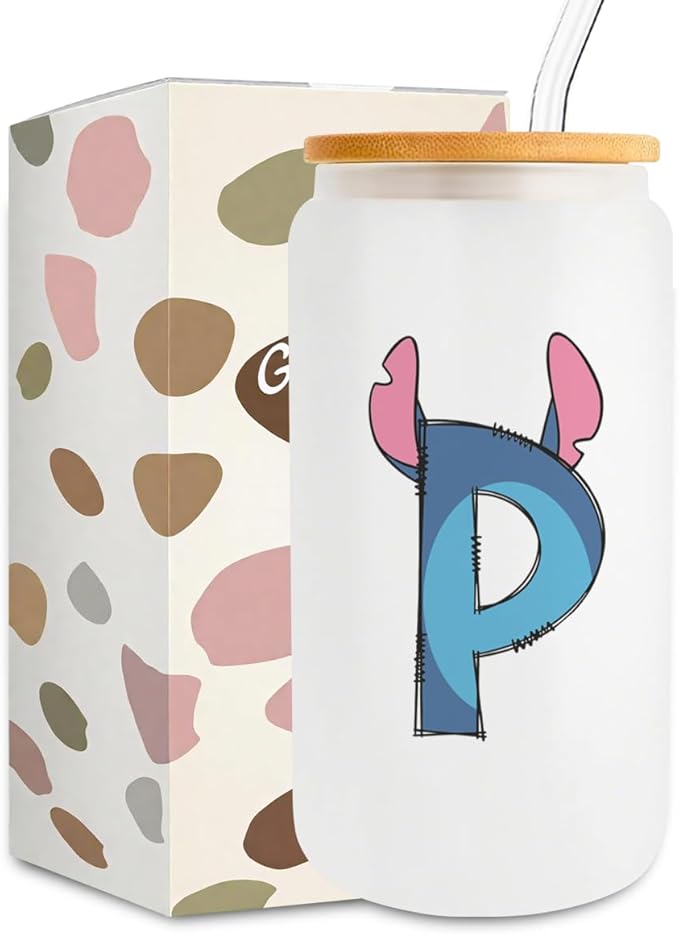 Cute Cartoon Lover Gifts Initial A-Z Personalized Iced Coffee Cup Cartoon Merch 16oz Glass Cup with Lid and Straws Birthday Christmas Gifts for Women Teen Girls Fans (Letter P)