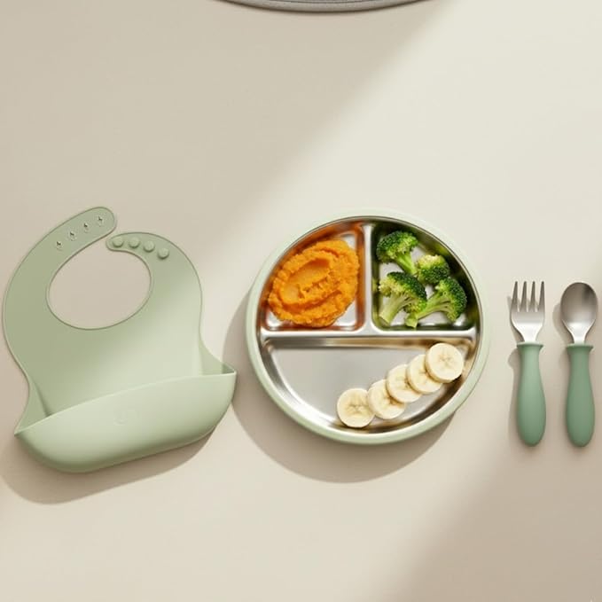 Stainless Steel Toddler Feeding Set 4 Pieces – Suction Plate, Silicone Bib, Spoon & Fork – Divided Plates for Baby Led Weaning, BPA-Free, Removable Shell (Sage Green)