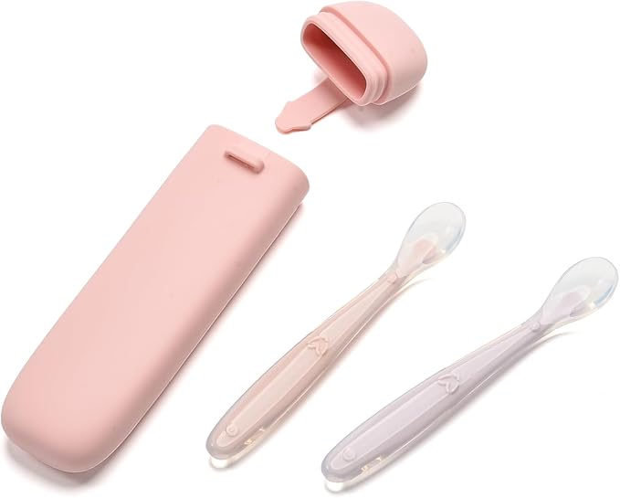 Silicone Baby Spoons for Baby Led Weaning, Spoons with Storage Box，Feeding Spoons for First Stage Baby Dishwasher Safe (pink)