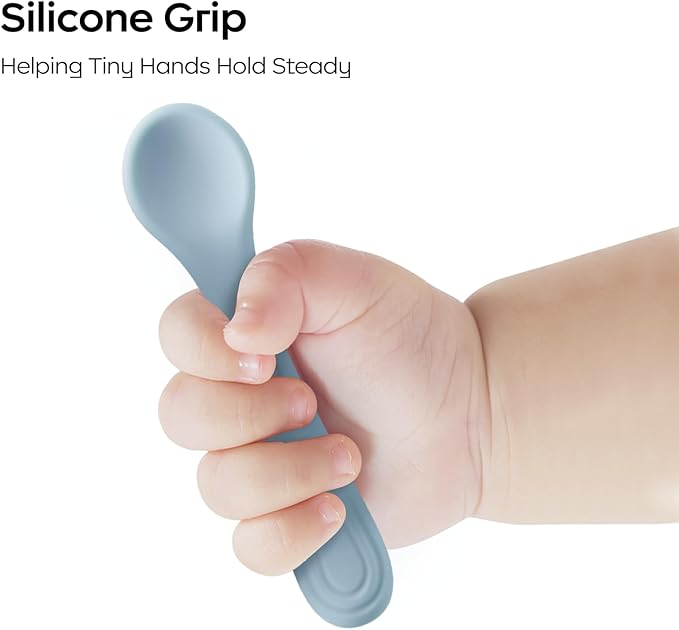 Bc Babycare Portable 4 Pack Baby & Toddler Self Feeding Fork and Spoon Set with Storage Case, BPA-Free Silicone Utensils for Boys and Girls, Safe & Easy to Carry, Blue & Green