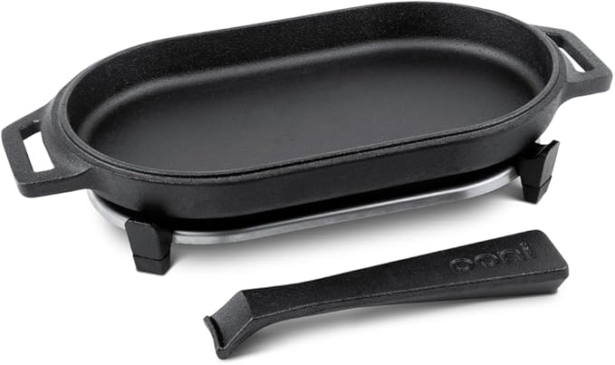 ooni Cast Iron Sizzler Pan - Griddle Frying Pan, 12" x 6" Sizzler Plate with Removable Handle and Stainless Steel Trivet, Pre-Seasoned Non-Stick Oven Safe Cookware, Pizza Oven and BBQ Accessories