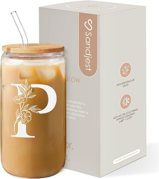 SANDJEST Monogrammed Gifts for Women - Monogram P Initial Glass Cup 16 Oz Can Coffee Cups with Lid and Straw - Monogram Initials Gifts for Womens on Birthday