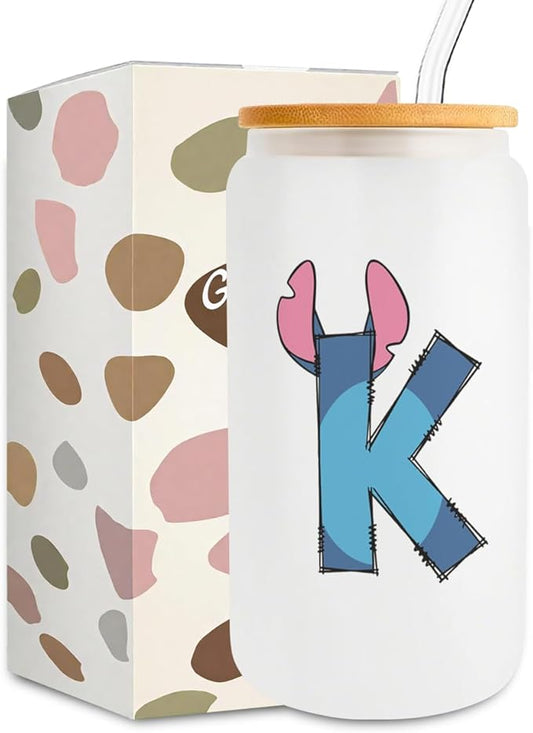 Cute Cartoon Lover Gifts Initial A-Z Personalized Iced Coffee Cup Cartoon Merch 16oz Glass Cup with Lid and Straws Birthday Christmas Gifts for Women Teen Girls Fans (Letter K)